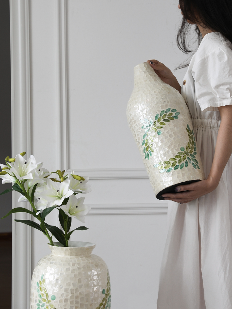 Cream-Style Floor Vase Set, Tall Decorative Mosaic Vases with Green Leaf Inlay for Living Room & Entryway Display