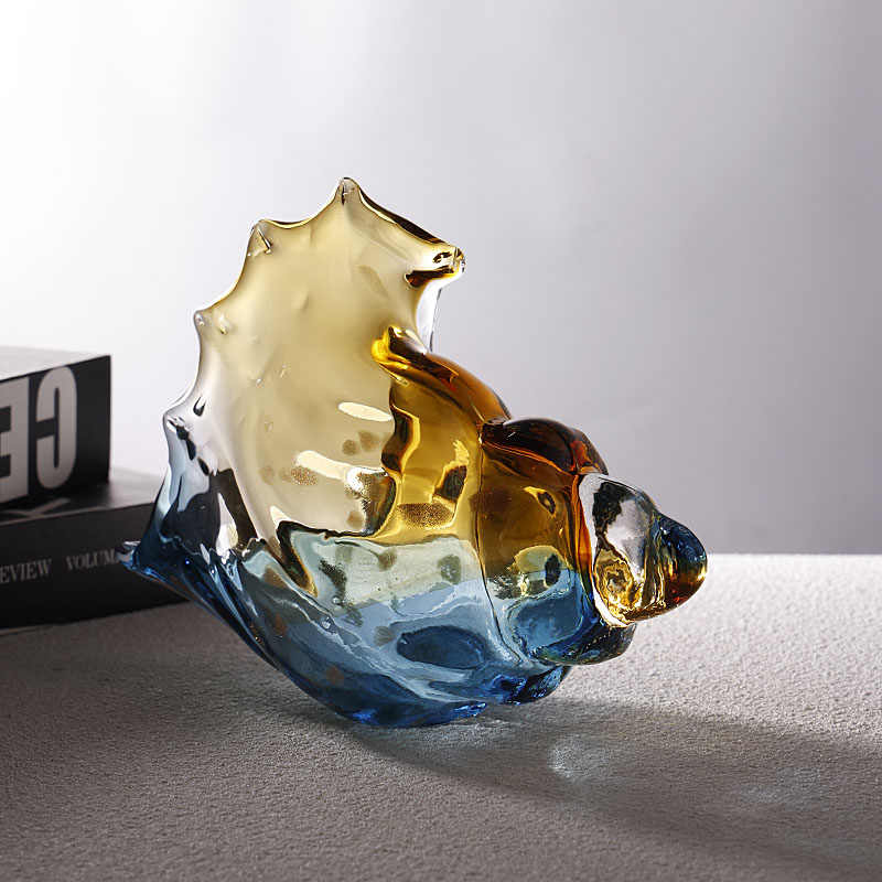 Creative Glass Conch Shell Decorative Bowl, Blue Amber Gradient Seashell Sculpture for Entryway Key Storage TV Stand, Modern Home Accent Gift