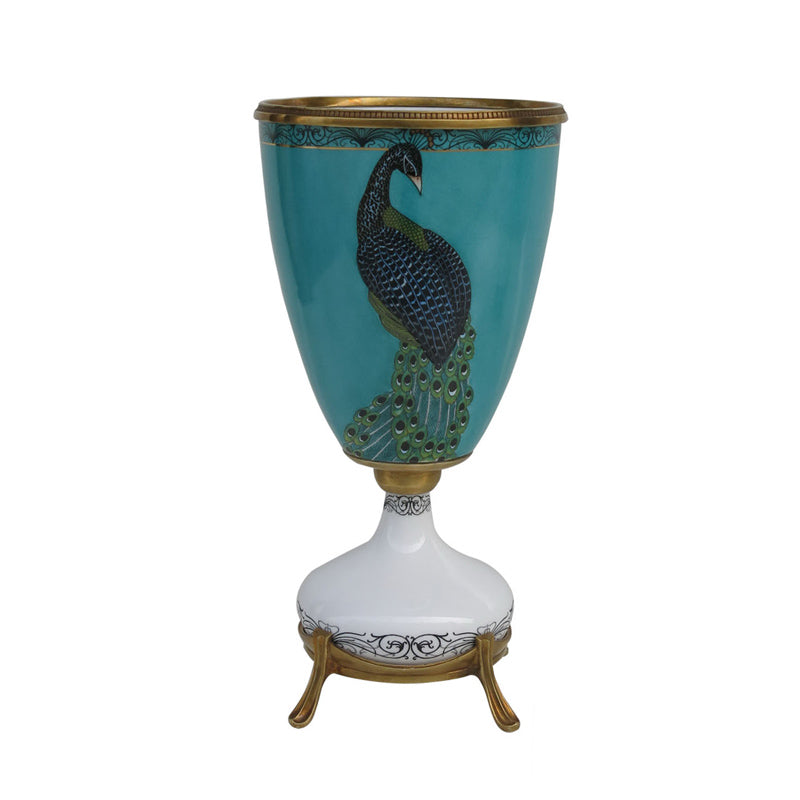 Peacock Porcelain Vase with Brass Pedestal – Artistic Tall Flower Holder for Living Room, Tabletop, Office, and Centerpiece Décor