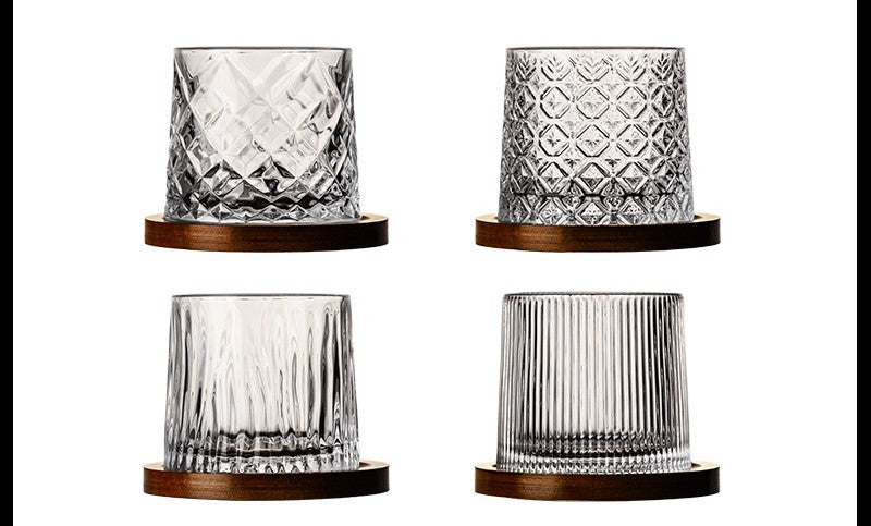Crystal Whiskey Glass Set 280ml – Mixed 4 Designs: Diamond, Glacier, Stripe, Ice Flower, High-End Rotating Decompression Tumblers with Wood Coasters