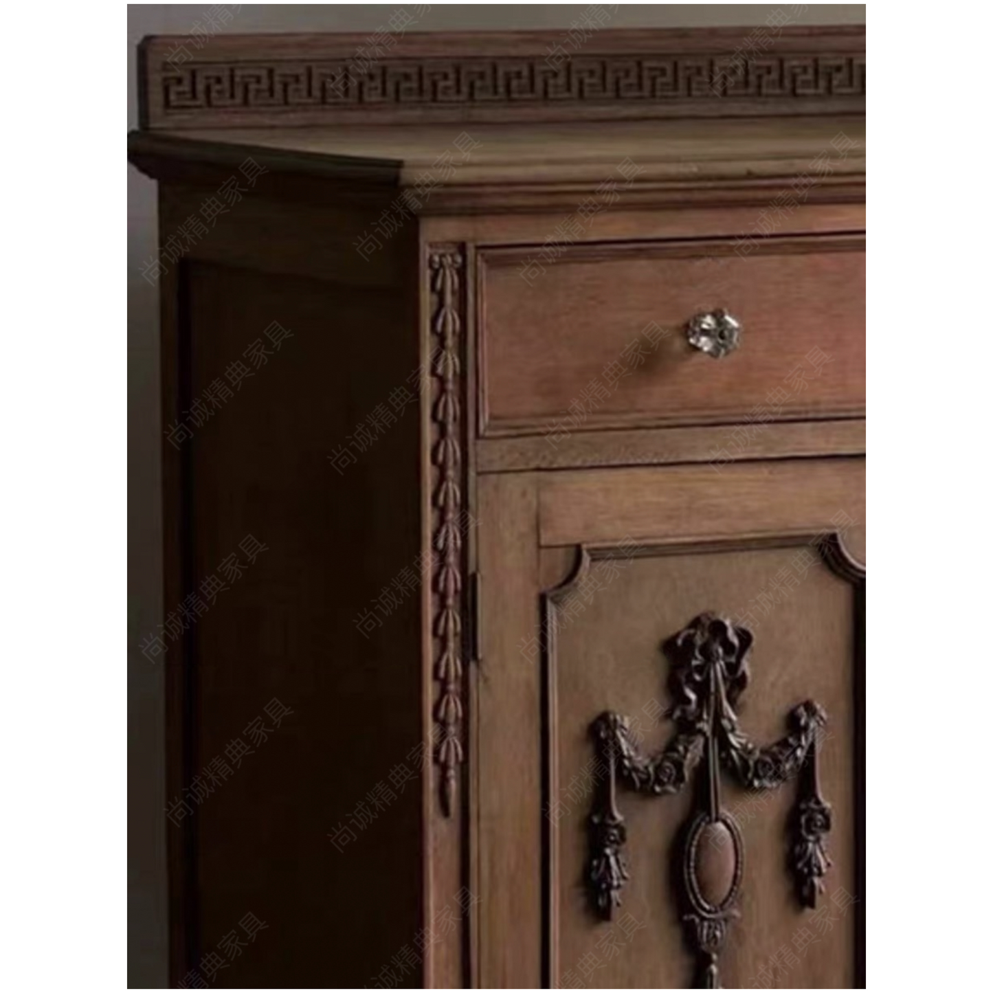 French Vintage Solid Wood Sideboard with Greek Key Pattern & Ornate Metal Swags, Louis XVI Style Storage Cabinet with Turned Legs