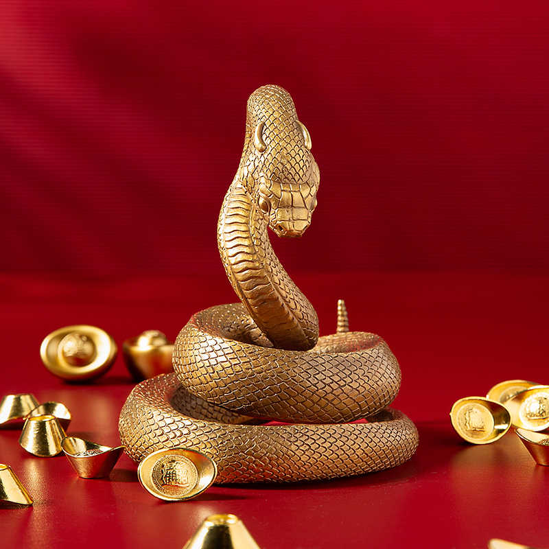 Snake Golden Brass Figurine, Zodiac Serpent Sculpture with Detailed Scale Pattern, Feng Shui Desktop Decoration
