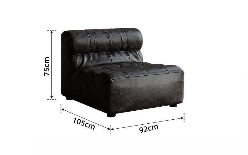 Vintage Modular Armless Leather Sofa Seat – Retro Tufted Sectional Chair for Small Apartment Living Room, Black Single Module