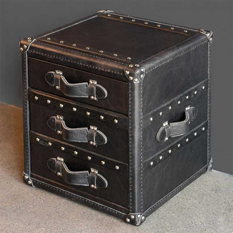 Vintage Steamer Trunk Side Table, Genuine Oil-Wax Cowhide Leather Storage Chest with Metal Studs, American Country Style 3-Drawer Nightstand