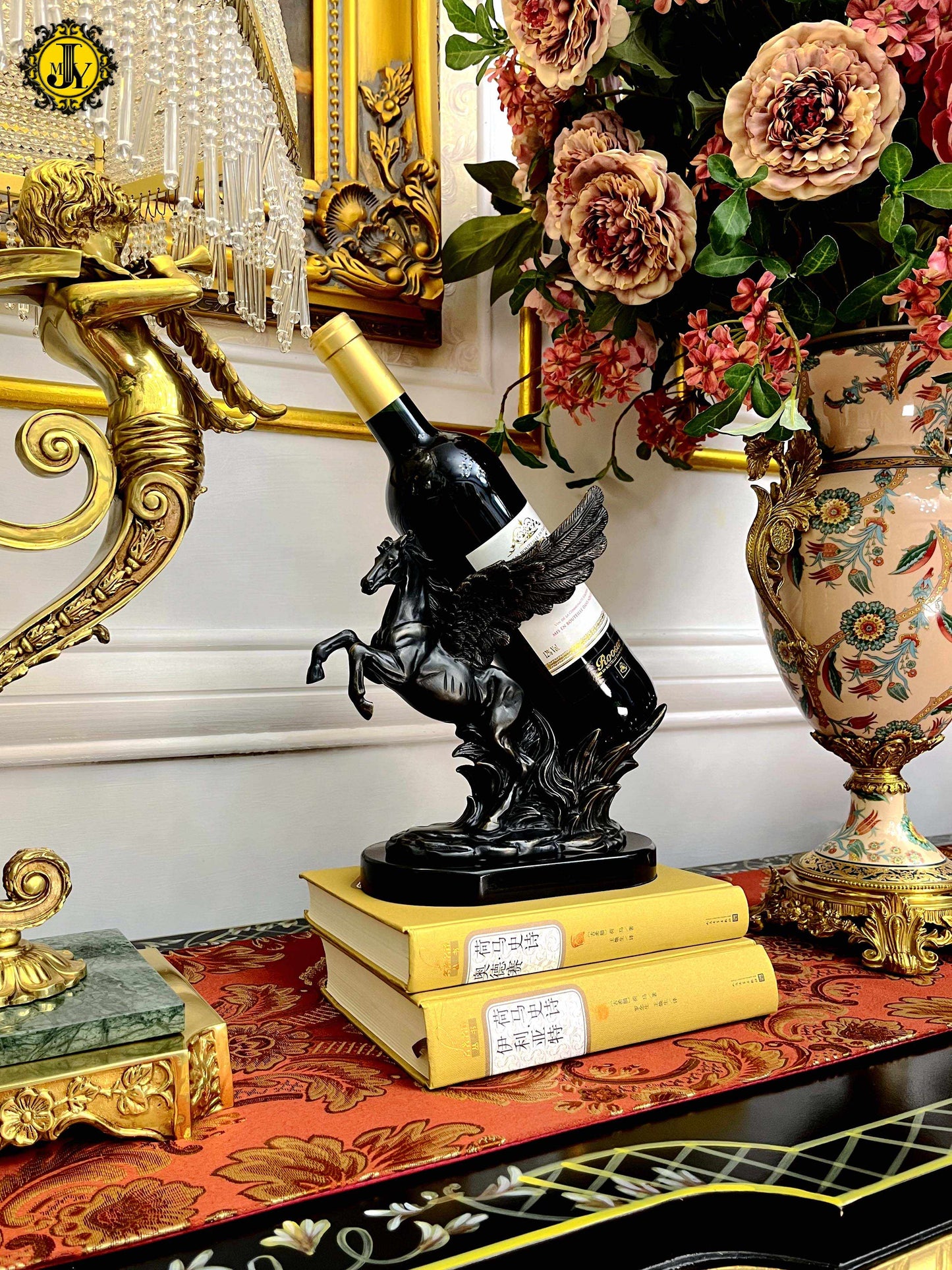 Luxury Bronze Marble Pegasus Wine Rack, Manor Style Black Sculpture for High-End Bar, Wine Cabinet, Villa Display