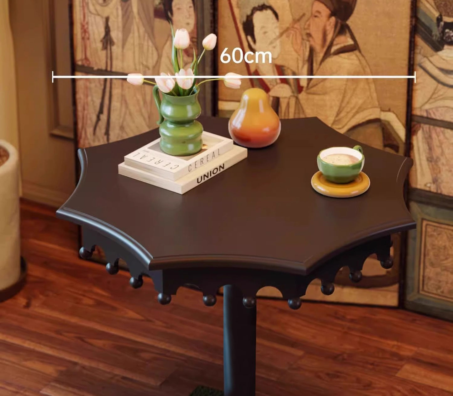French Vintage Round Side Table, Ornate Scalloped Edge Pedestal Table with Dark Wood Top, Mobile Coffee Table for Living Room, Bedroom, Balcony