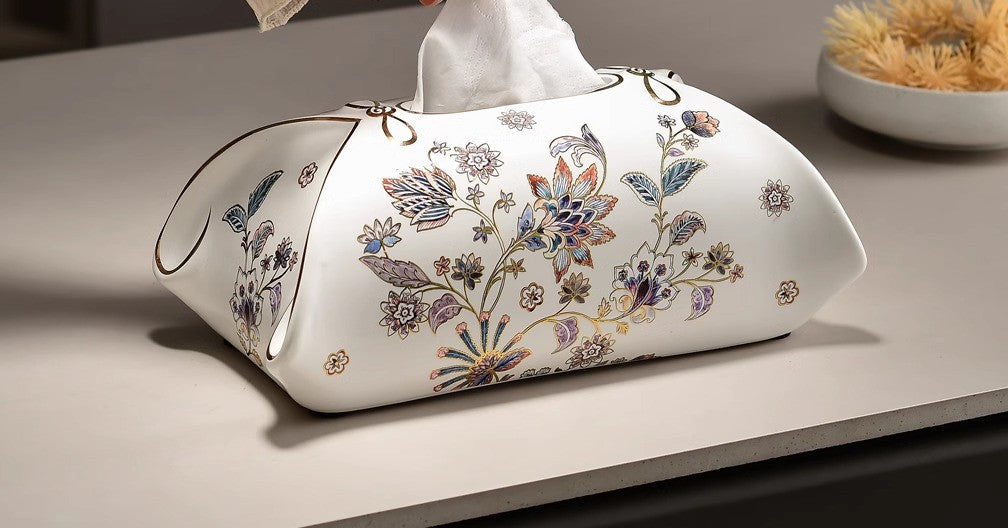 Luxury Ceramic Floral Tissue Box, 2025 Designer Decorative Cover for Living Room, Elegant Coffee Table High-End Organizer