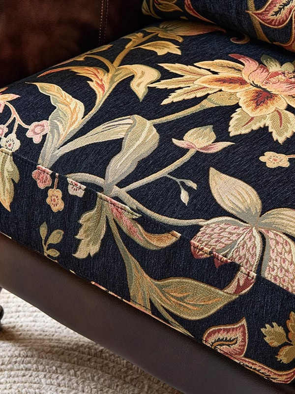 Vintage High-Back Floral Tiger Armchair with Ottoman – Retro Living Room Lounge Chair & Footrest Set, Leather Fabric