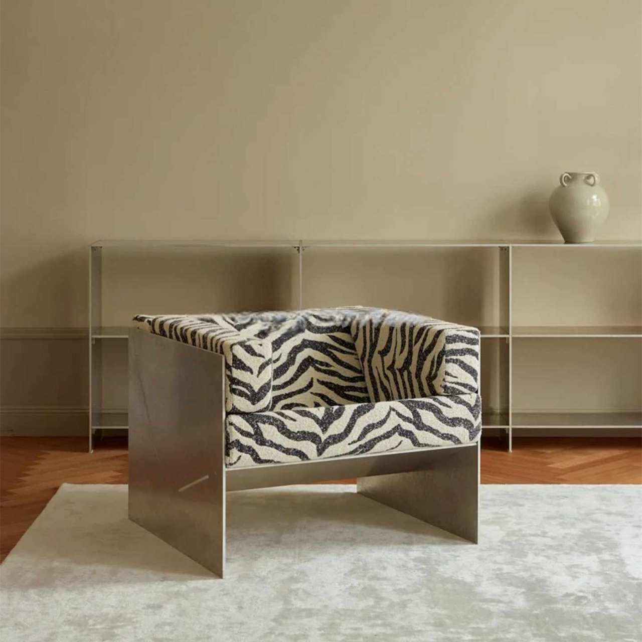 Luxury Designer Zebra Lounge Chair, Stainless Steel Single Sofa for Living Room, Hotel, or Boutique Apartment
