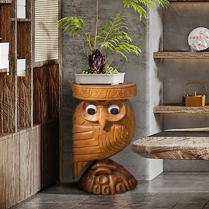 Thai Hand-Carved Wooden Owl Stool, Solid Wood Tree Stump Side Table for Shoe Changing & Plant Stand