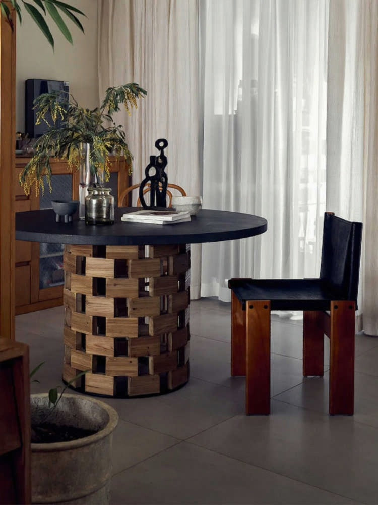 Solid Walnut Round Dining Table – French Mid-Century Modern Woven Base Design, Premium Designer Restaurant Table for Home and Commercial Use
