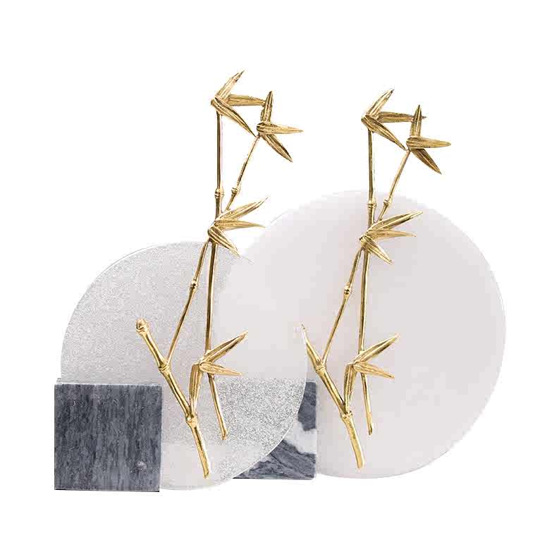 Modern Golden Bamboo Sculpture – Large Abstract Metal and Marble Decor for Entryway, Study, Living Room, Zen Office