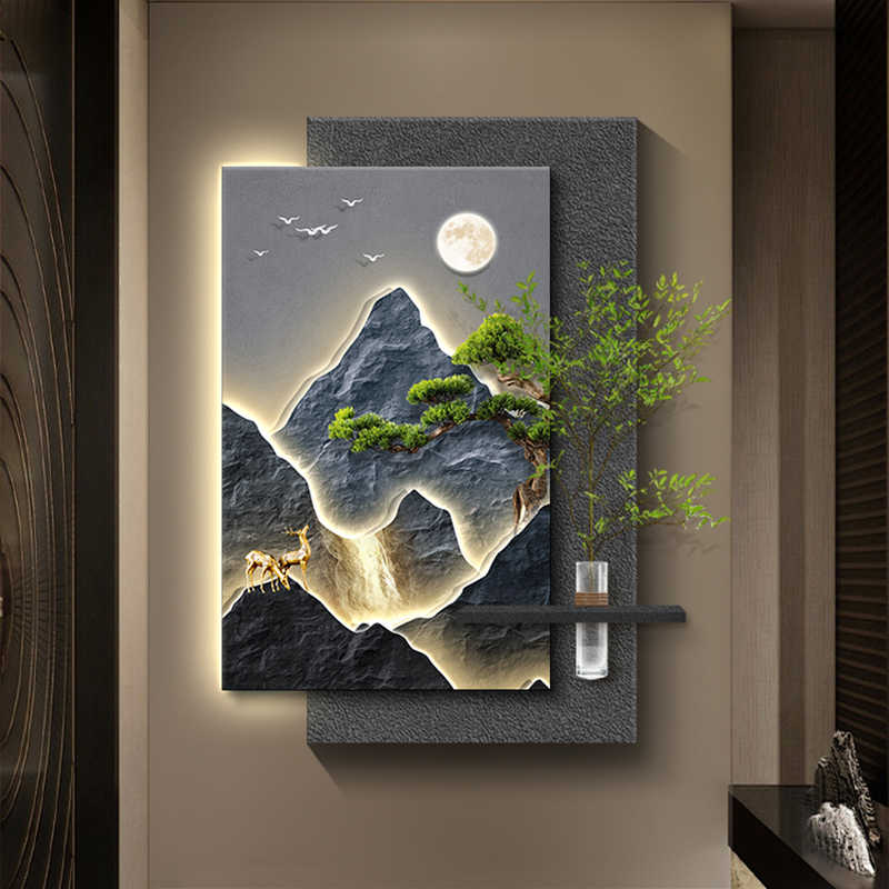 Luxury Pine Tree 3D Wall Art with LED and Hydroponic Vase, Mountain Landscape Decorative Painting for Entryway or Corridor, High-End Relief Mural