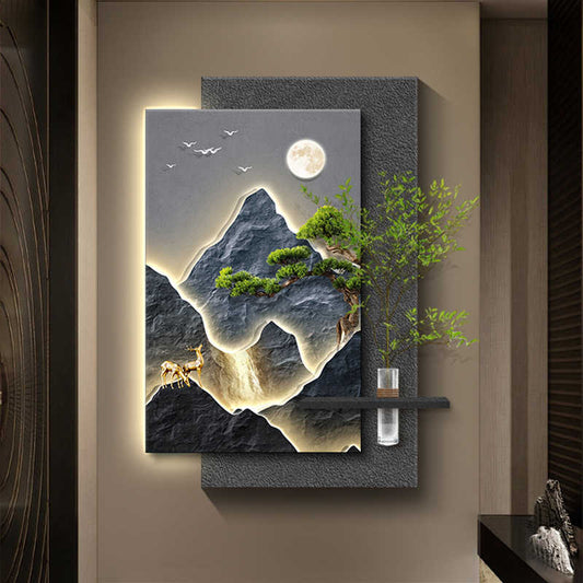 Luxury Pine Tree 3D Wall Art with LED and Hydroponic Vase, Mountain Landscape Decorative Painting for Entryway or Corridor, High-End Relief Mural