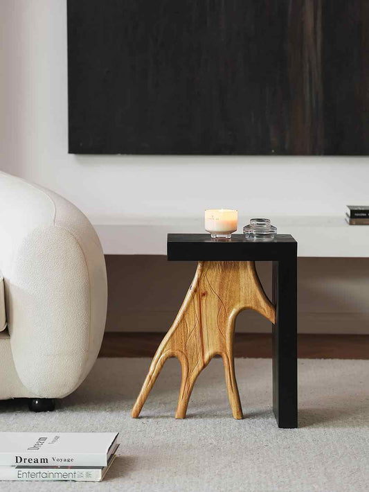 Designer Antler Coffee Side Table – Modern Wood Art Furniture with Black Top, Moveable Living Room Accent Table