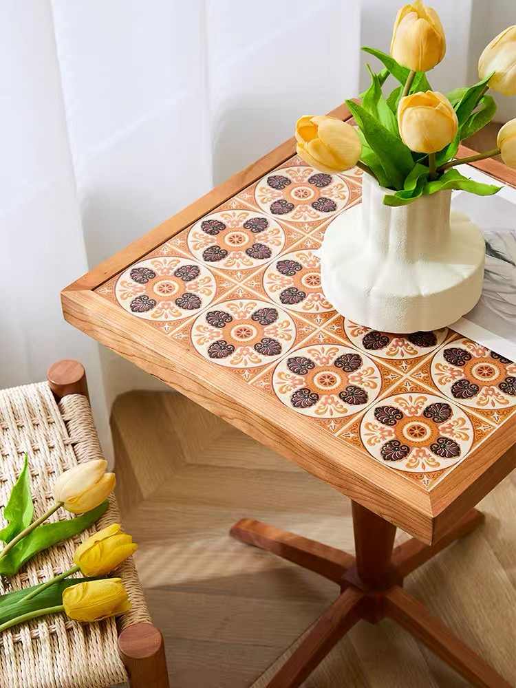 Cherry Wood Mobile Side Table – Vintage French Style Small Square Tea Table, Portable Solid Wood Accent Table for Sofa, Bedroom, Balcony, Rustic Mid-Century Design