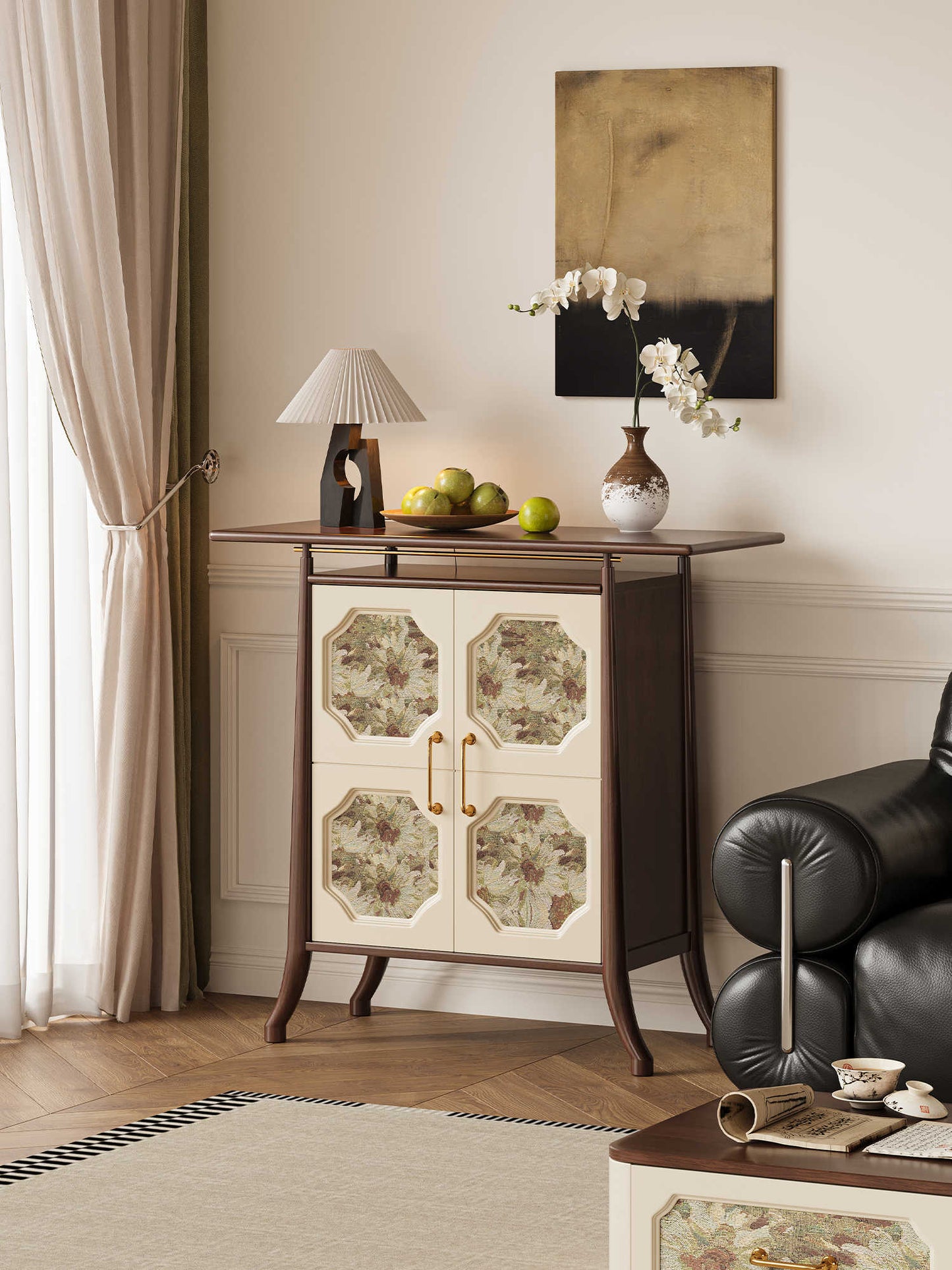 Song Dynasty Inspired Floral Octagon Console Cabinet – Natural Wood Botanical Pattern Storage Console, Traditional Asian Aesthetic Entryway Cabinet