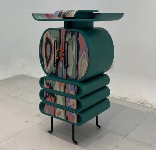 Contemporary Art Painted Storage Cabinet – Emerald Green Abstract Pattern Sideboard with Sculptural Design, Multi-Level Artist Console for Modern Living Spaces
