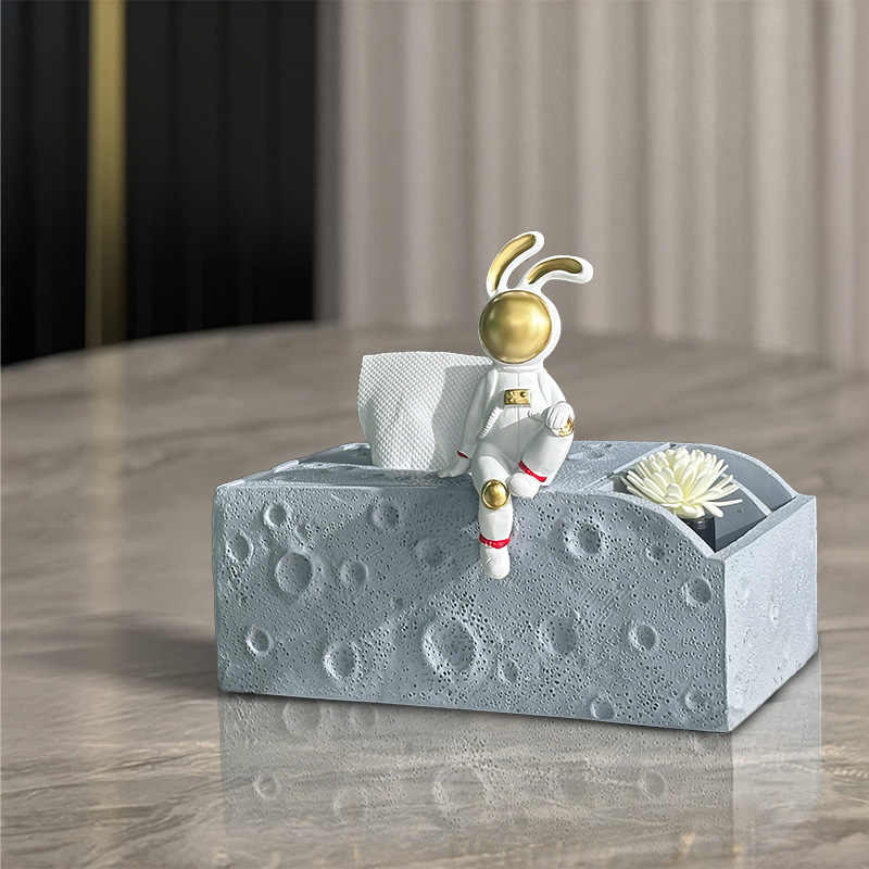 Luxury Astronaut Bunny Tissue Box – Lunar Surface Storage Holder, Modern Cute Dining Table & Living Room Accent