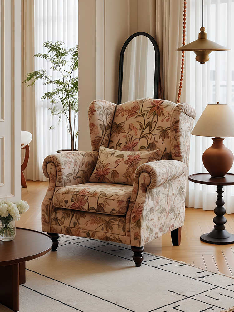 Vintage Floral Tiger Chair – High-Back Retro Armchair, Living Room/Bedroom/Balcony, Designer Single Sofa