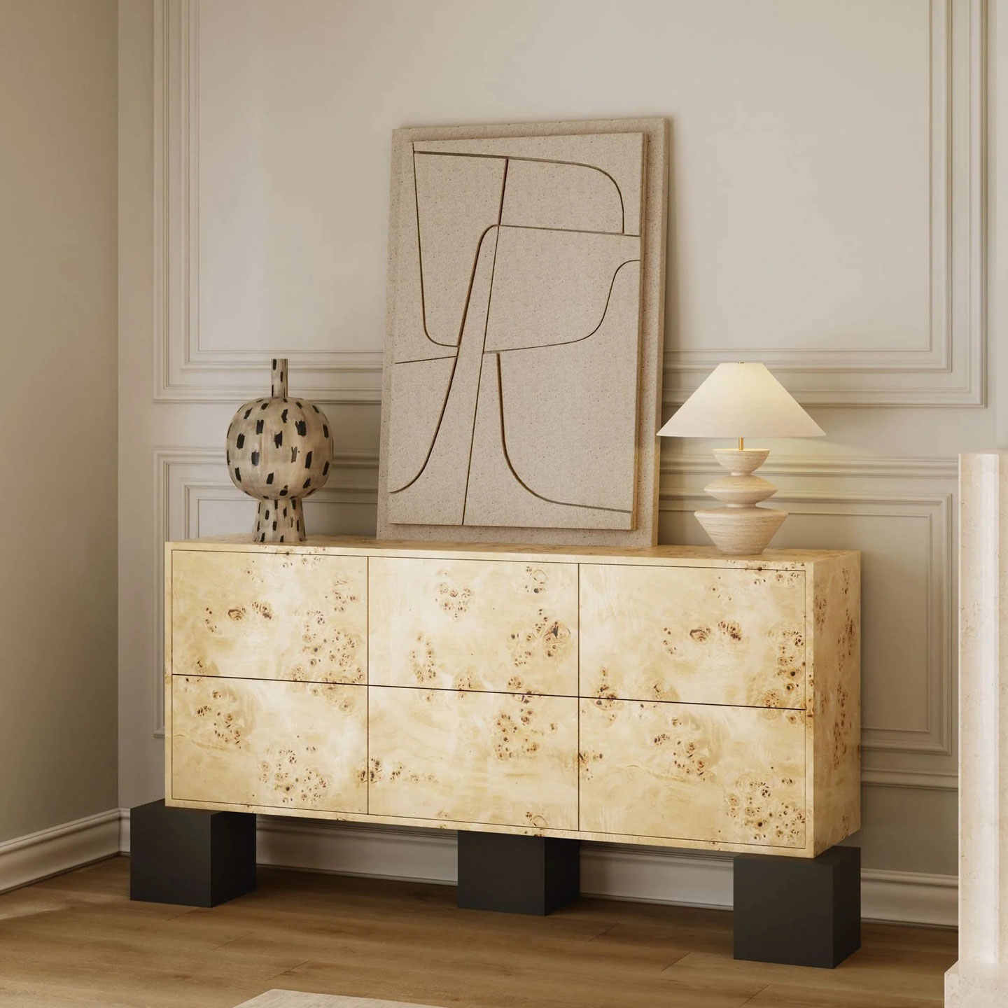 Mid-Century Vintage Burl Wood Six-Drawer Sideboard, Retro Solid Wood Storage Cabinet for Living Room, Bedroom, Accent Wall