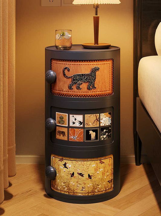 Compact 3-Tier Round Nightstand with LED Accent Light, Space-Saving Cylindrical Bedside Storage with Animal Art Panels, Creative Alternative to Traditional Nightstands