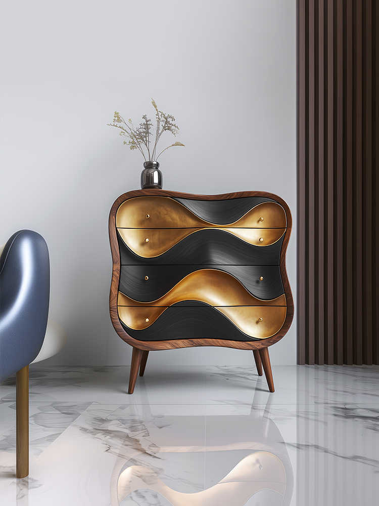 Luxury Designer Wave Front 4-Drawer Chest – Modern Artistic Solid Wood Storage Cabinet with Gold & Black Curved Drawers, Bedroom Accent Dresser for Villa, Entryway, or Jewelry