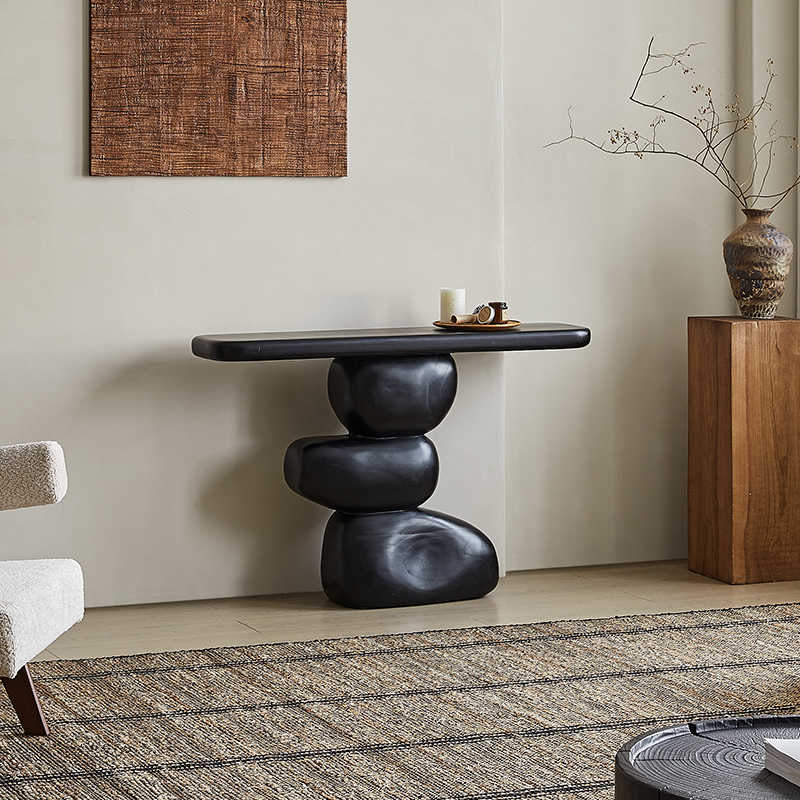 Wabi-Sabi Carbonized Black Solid Wood Entryway Console Table, Artistic Stacked Stone Sculptural Accent Table for Hallway, Foyer, Modern Boutique Hotel