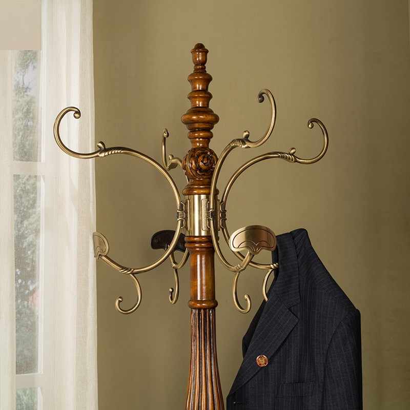 Elegant American Country Style Carved Wood Floor Coat Tree – Vintage Solid Wood Hall Tree with Ornate Base, Bedroom Standing Coat Rack