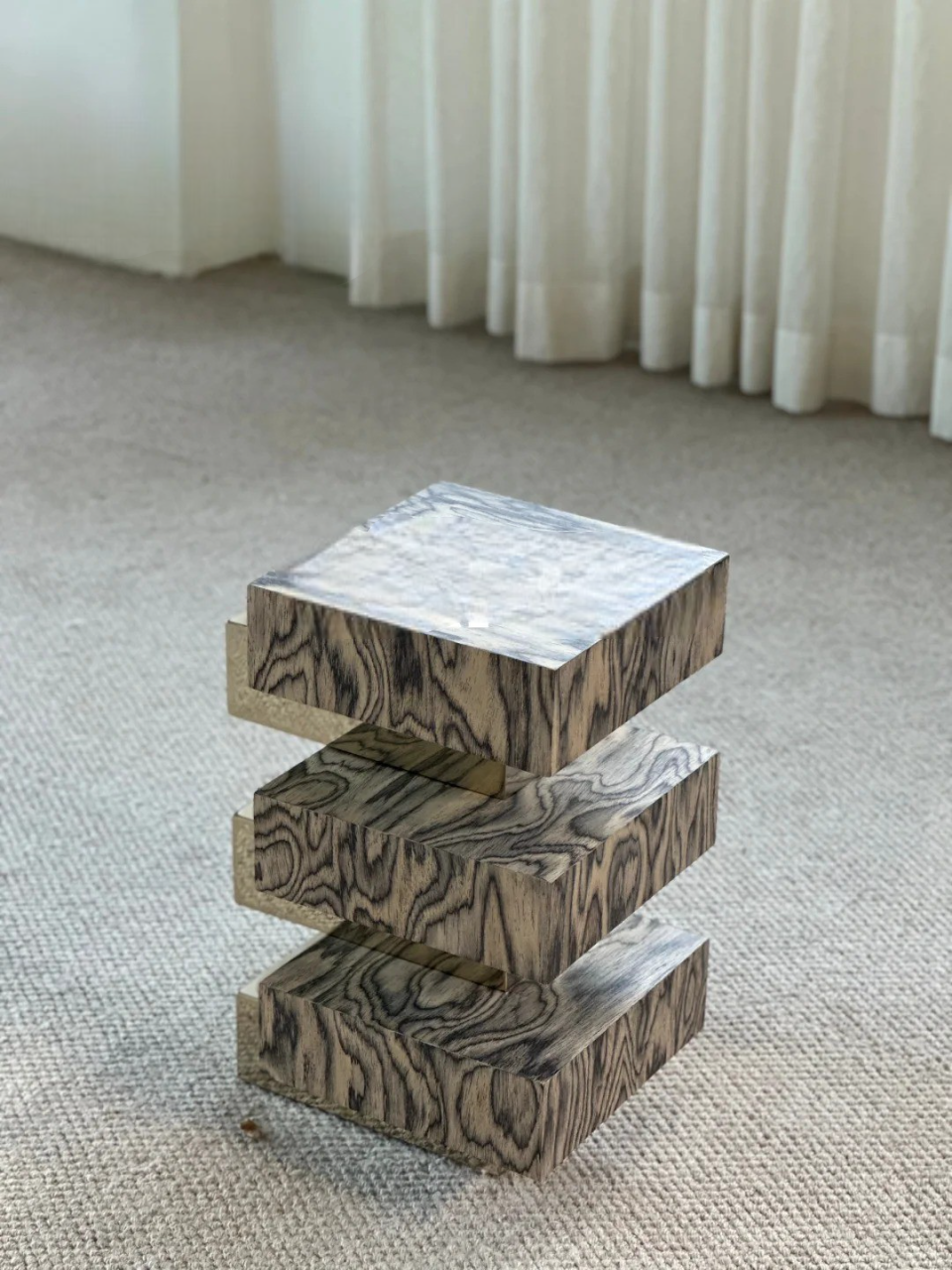 Custom Vintage Solid Wood & Brass Stacked Accent Table, Artistic Modular Side/End Table for Designer Hotels, Apartments, B&Bs