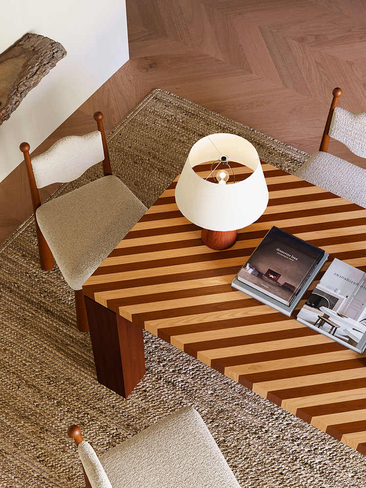 Vintage Solid Wood Dining Table Set – Designer Retro Striped Table for Small Apartment, Living Room