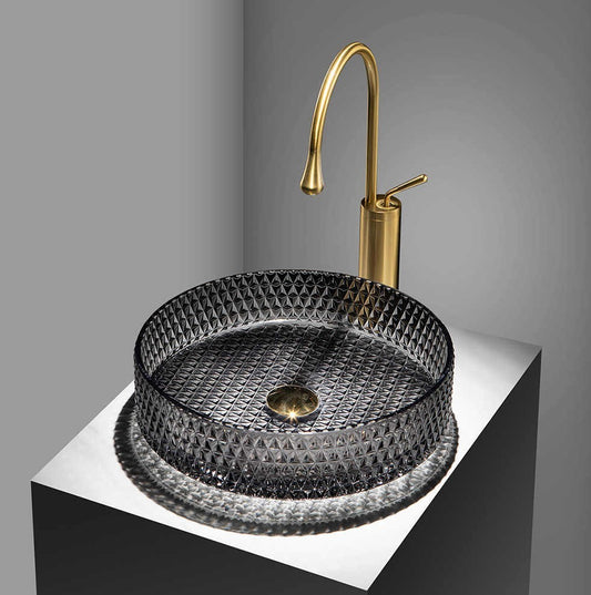 Modern Diamond Pattern Glass Vessel Sink – Luxury Round Bathroom Wash Basin, Above Counter Vanity Bowl for Hotel & Home