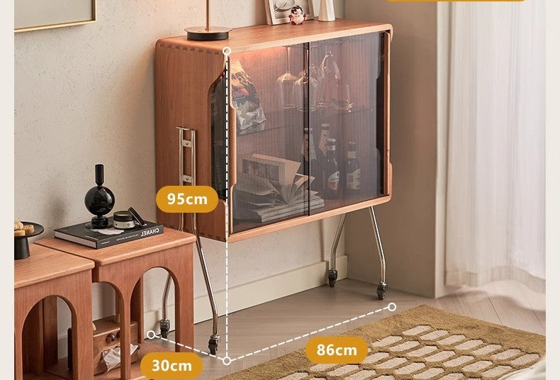Mobile Retro Cherry Bar Cabinet – Rolling Coffee Sofa Side Display Storage Shelf, Vintage Entryway Buffet Organizer with Free LED Strip