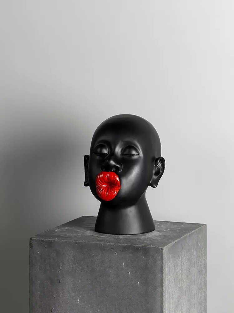 Black Portrait Bust Sculpture with Red Lips – Modern African-Inspired Art Figurine for Living Room & Desktop Display