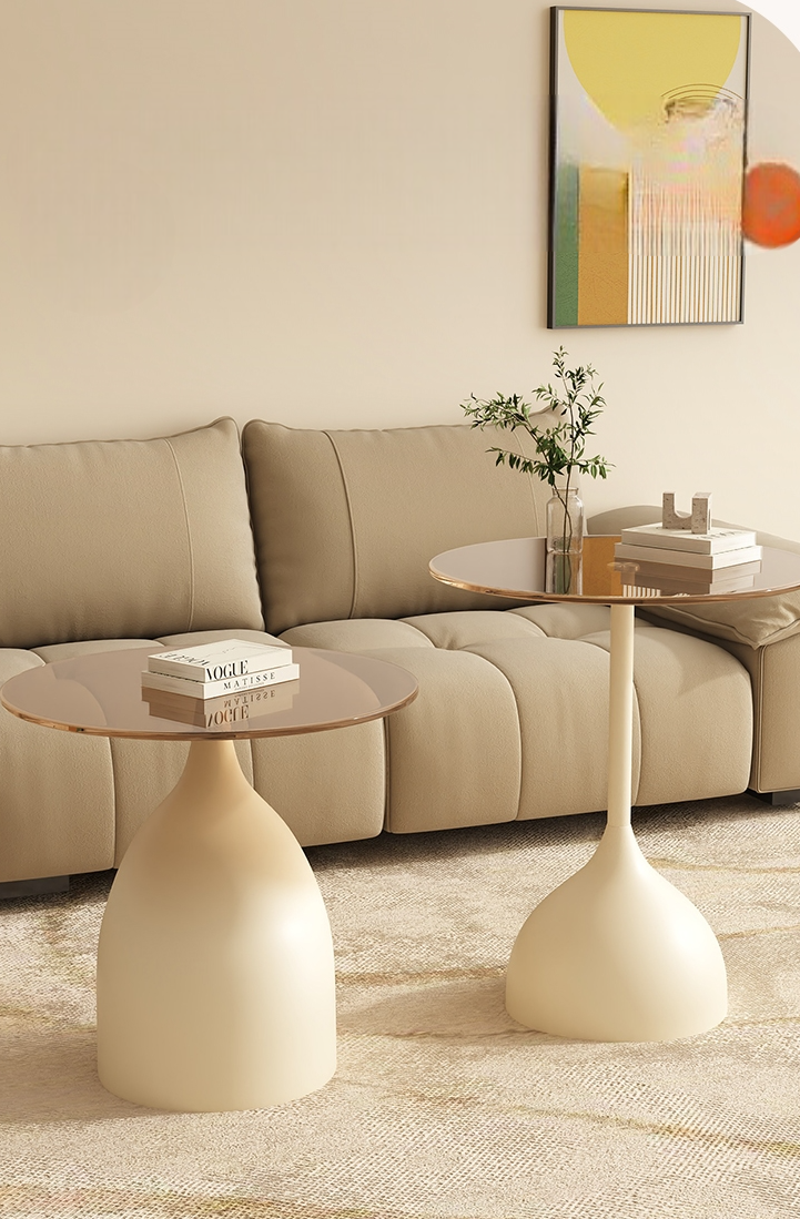 Modern Glass Low Side Table – Thick Tempered Glass Top, White Carbon Steel Pedestal, Minimalist Sofa End Table