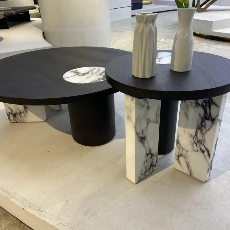 Modern Minimalist Marble Inlay Side Table – Round Luxury End Table, Compact Sofa Table for Living Room, Bedroom, or Apartment