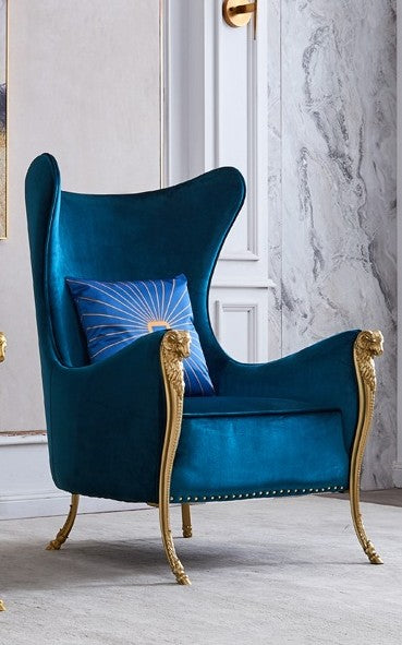 Luxury Royal Blue Velvet Wingback Chair – Baroque High-Back Armchair with Gold Legs, Premium Accent Chair for Living Room