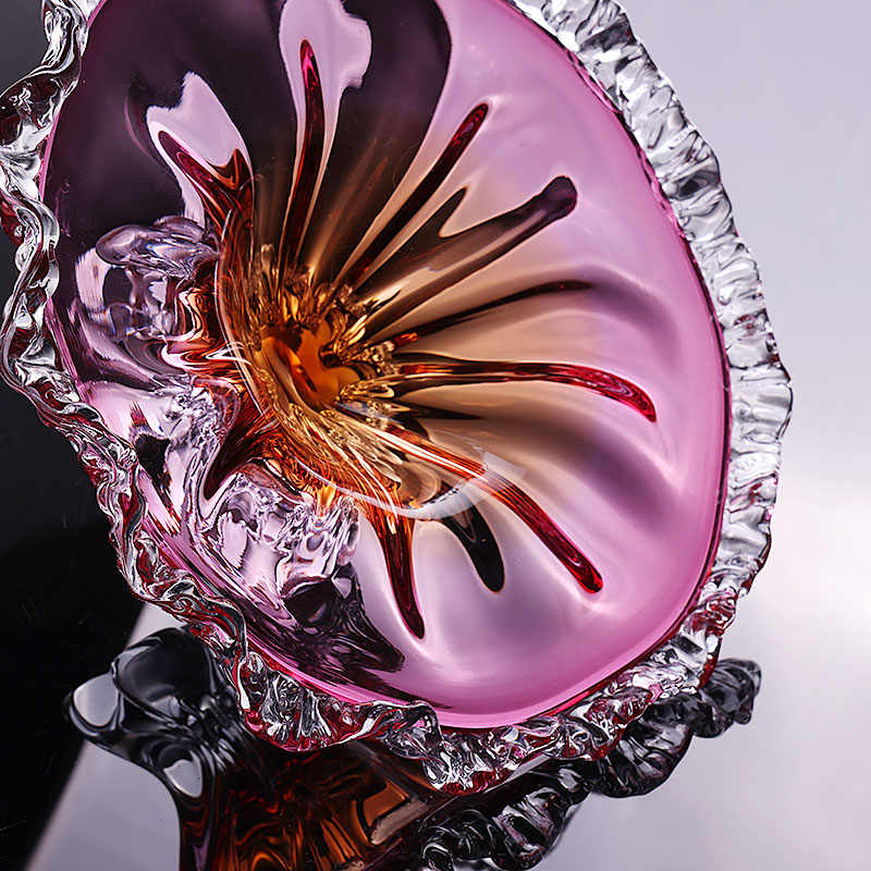 European Luxury Crystal Glass Pedestal Fruit Bowl, Pink Amber Gradient Compote with Ruffled Edge for Living Room, Elegant Footed Serving Dish Showroom Decor