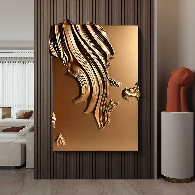 Luxury 3D Abstract Wood Embossed Wall Art, Hand-Painted Golden Statement Piece for Hallway or Duplex Living Room, Vertical Unframed Decor