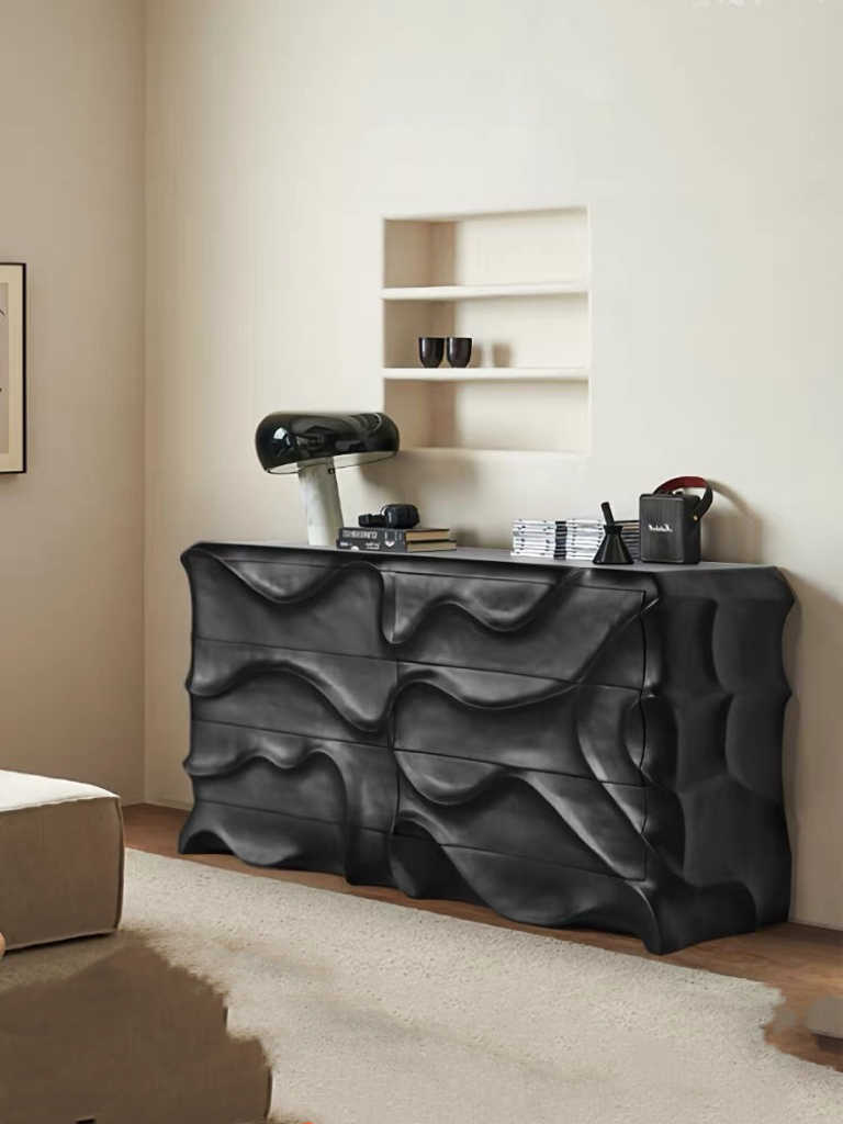 Eastern Wabi-Sabi Sculptural Wave Sideboard – Modern Asian Style Fluid Black Console Cabinet, Luxury Artistic Storage Dresser for Living Room and Entryway