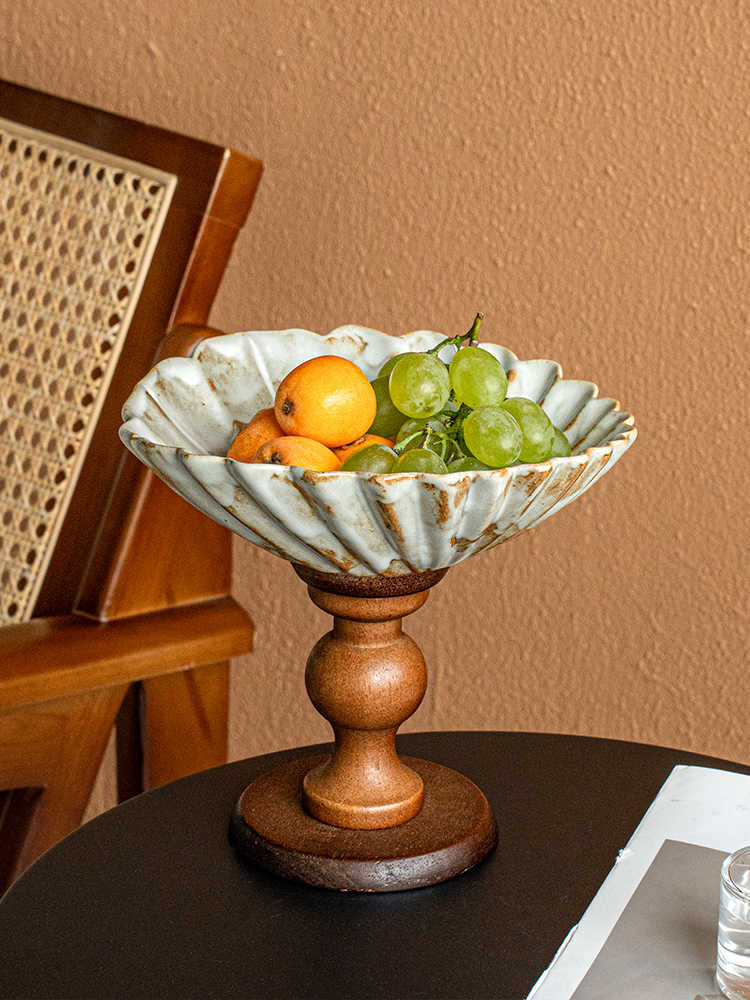 "Artistic Fruit Tray" – Wabi-Sabi Style Pedestal Dessert Stand, Carved Floral Bowl with Wood Base for Snacks, Desserts, Coffee Table Display