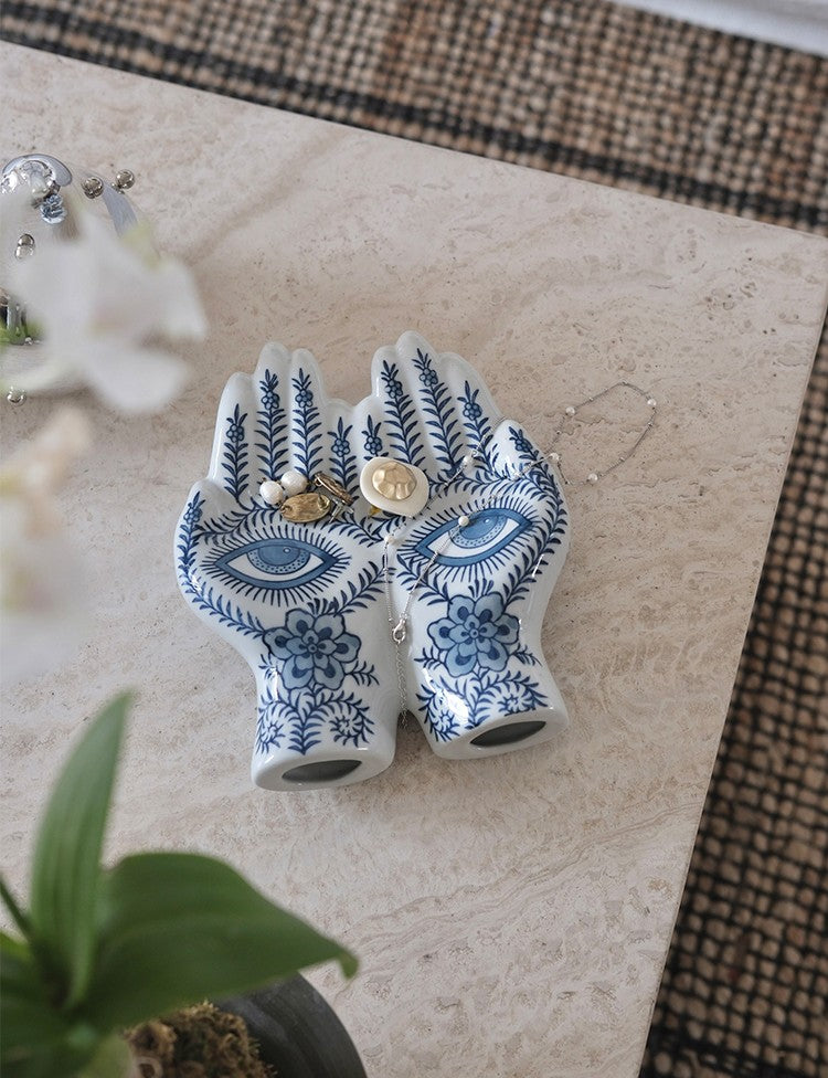 Blue and White Porcelain Hand Sculpture, Ceramic Eye Design Decorative Ornament, Traditional Asian Artistry Desk Accent with Gift Box