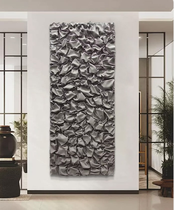 Modern Tall Grey Leather Abstract Wall Art, Large Vertical 3D Relief Panel, Minimalist Designer Statement for Foyer or Living Room