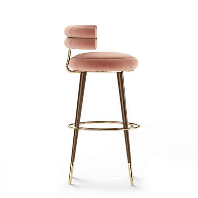 Luxury Modern Nordic Bar Stool – Solid Wood & Gold Metal Velvet Upholstered High Chair, Designer Scandinavian Counter Stool for Kitchen Island, Reception, Dining, Hotel, Blush Pink