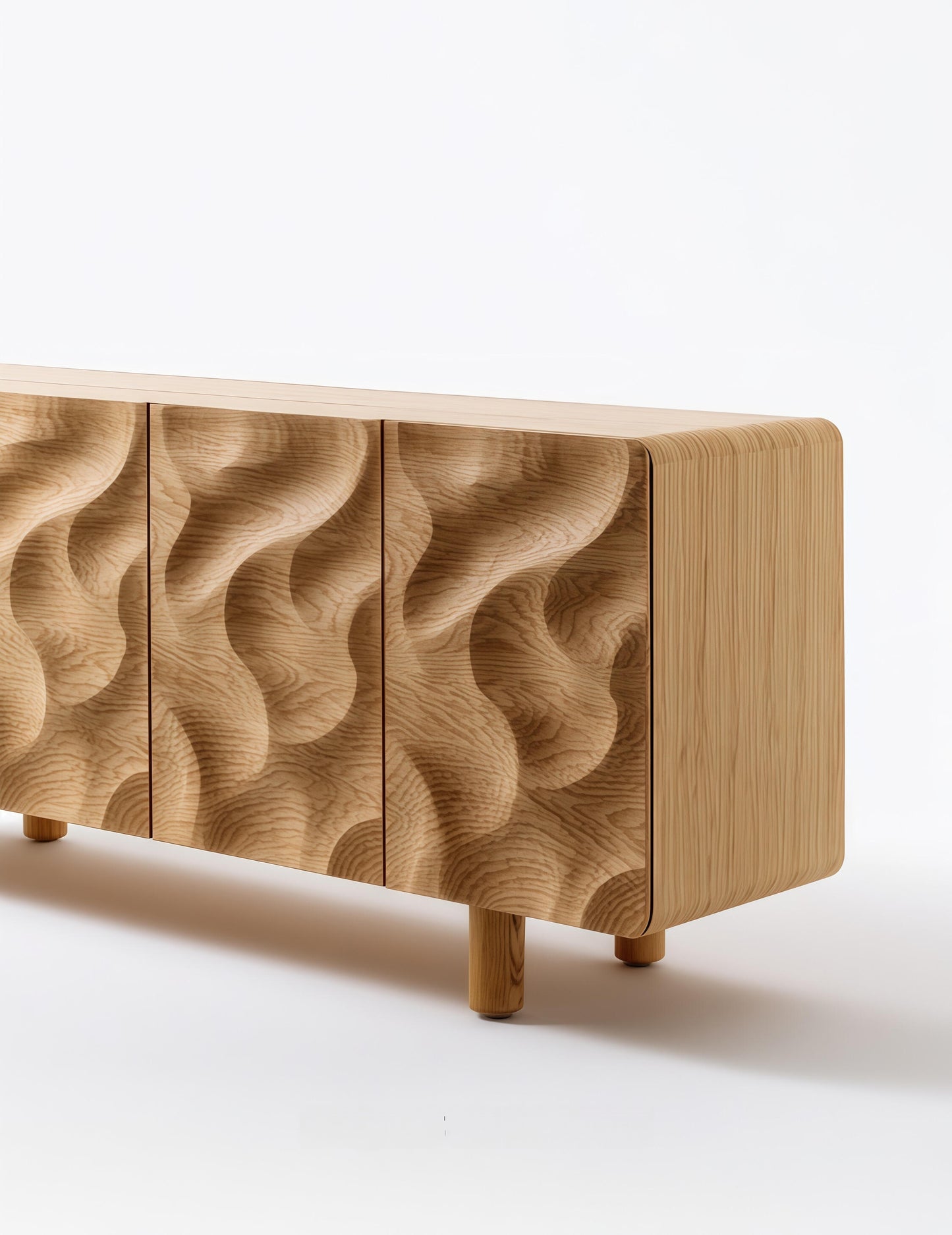 Retro Sculpted Wood Sideboard – Designer Solid Wood Wave-Carved Buffet for Modern Dining, Artistic Storage Cabinet