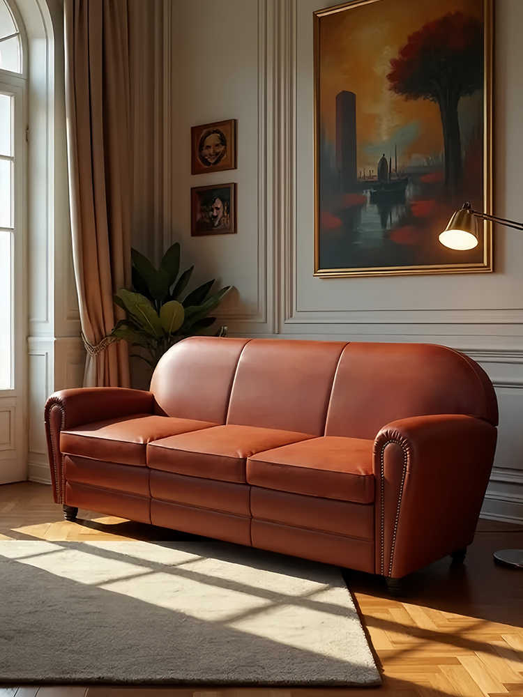Vintage Genuine Leather Sofa – Retro Designer 3 Seater Couch for Small Living Room & Luxury Apartment, Tufted Brown