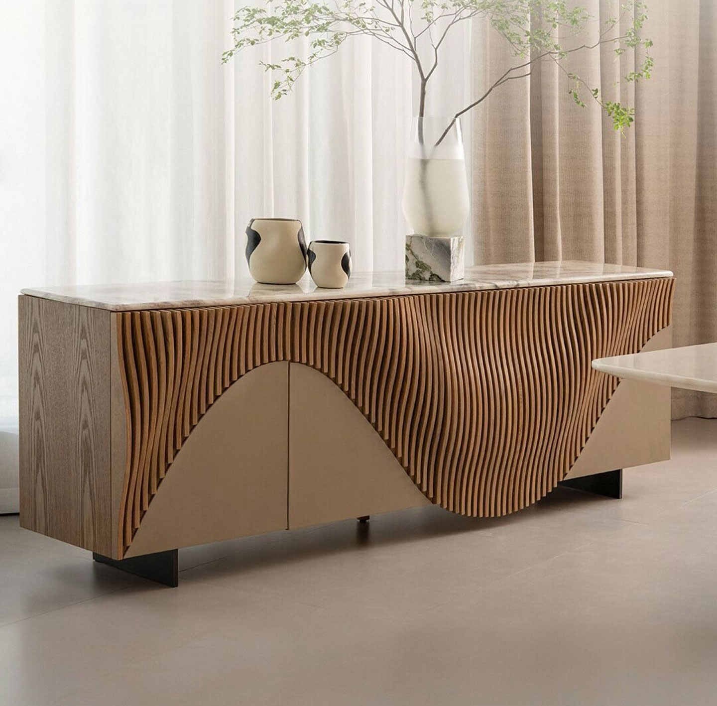 Luxury Solid Wood Buffet Sideboard, Modern Wave Pattern Storage Cabinet for Living Room Entryway Villa, Four-Door High-End Console