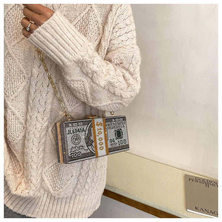 Luxury Diamond Crystal Money Stack Clutch Bag – Sparkly Evening Purse with Gold Chain Strap, Designer Novelty Handbag for Parties and Special Events