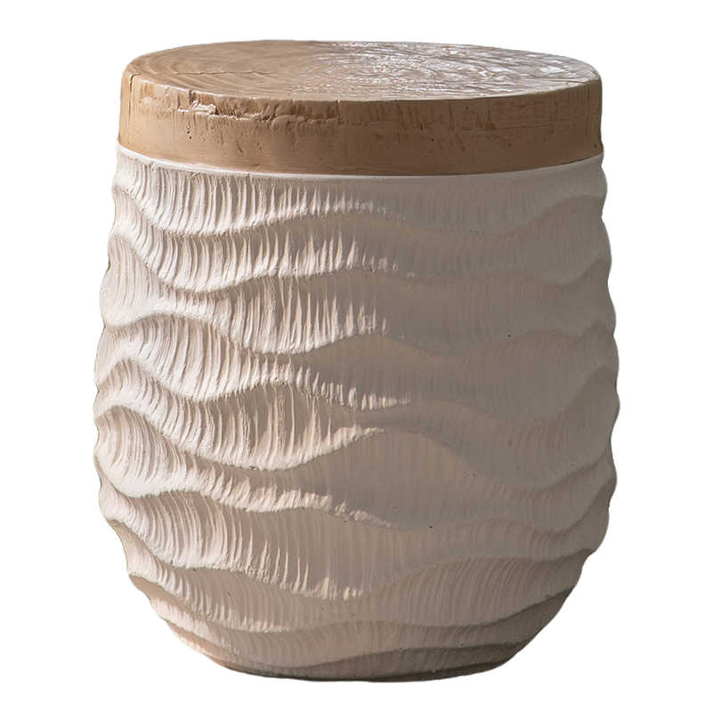 Handcrafted Rope-Textured Ceramic Side Table, Rustic Round Storage Stool with Natural Wood Top, Boho Living Room Accent Table,
