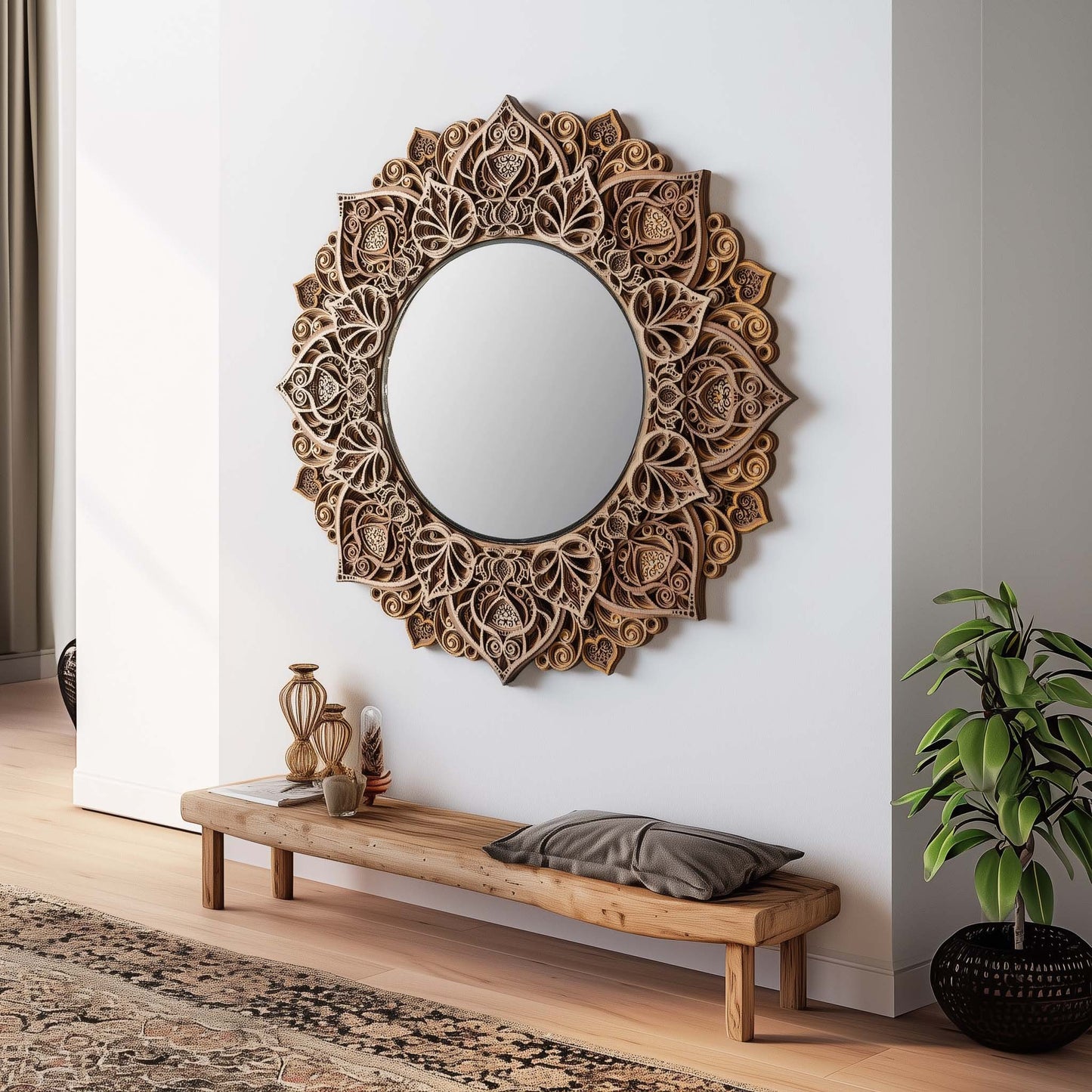 Mandala Mirror Wall Art – 3D Bodhi Flower Decorative Wooden Round Mirror, Boho Modern Living Room, Entryway, Bedroom